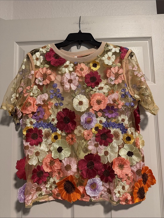 No brand listed Tops - Floral Embroidered Sheer Blouse in Multi-Color